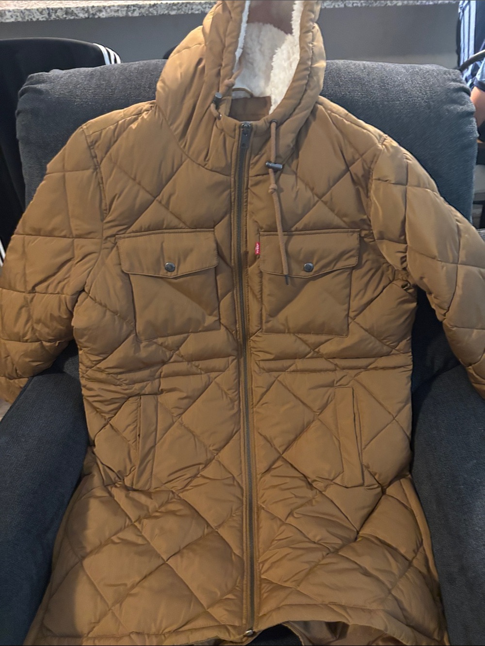 Quilted Hooded Puffer Coat in Camel